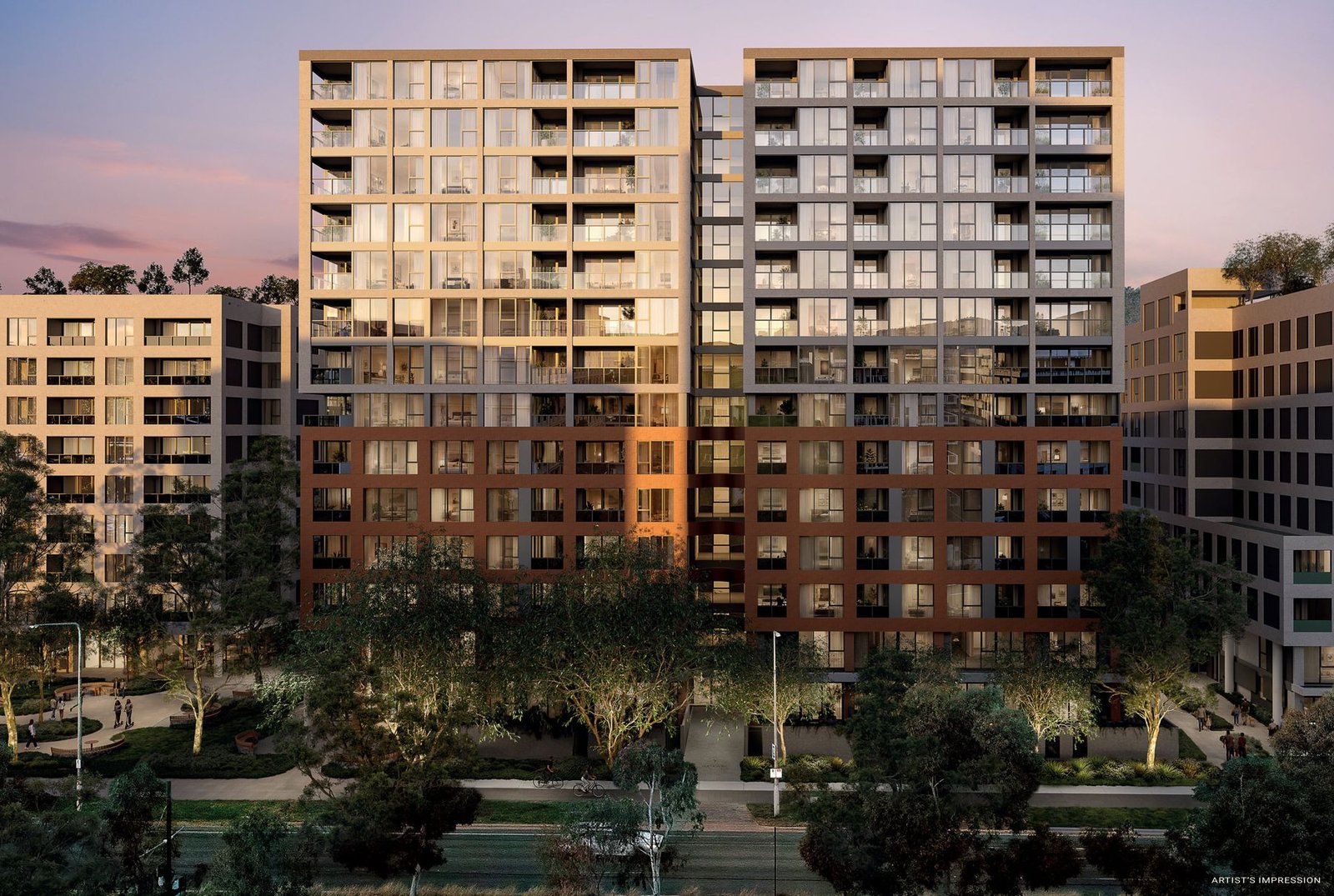 Artist’s impression of a Gateway Braddon building at dusk above its landscaped courtyard