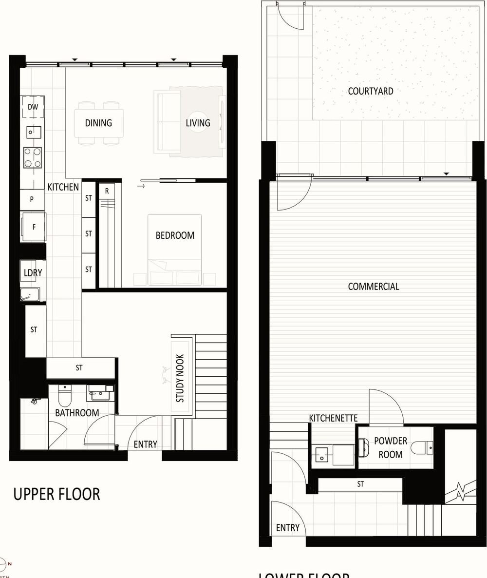 Floor plan of Summit hybrid unit CG02, type C-1D: Level 1 apartment above a ground-floor commercial space and courtyard