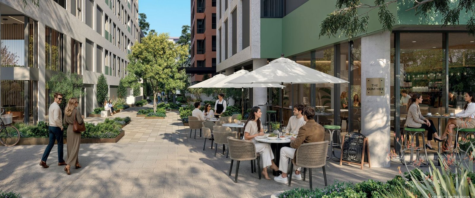 Artist’s impression of the landscaped village courtyard with café seating